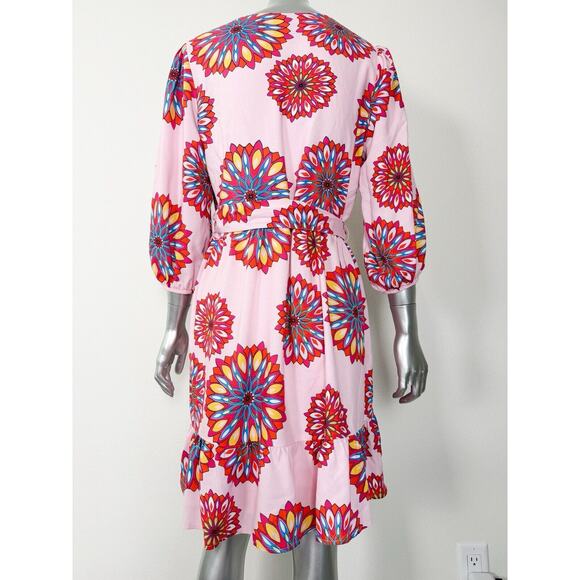 GibsonLook Mandala Mini Dress Pink Multi V Neck Boho Ruffle Hem xs - Picture 5 of 9
